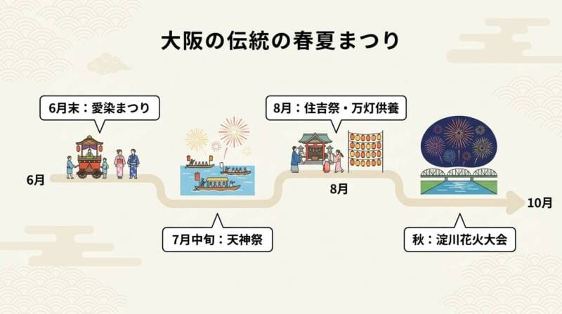 6月の愛染まつりから7月の天神祭、8月の住吉祭、秋の淀川花火大会までの流れを示す時系列タイムラインマップの図解