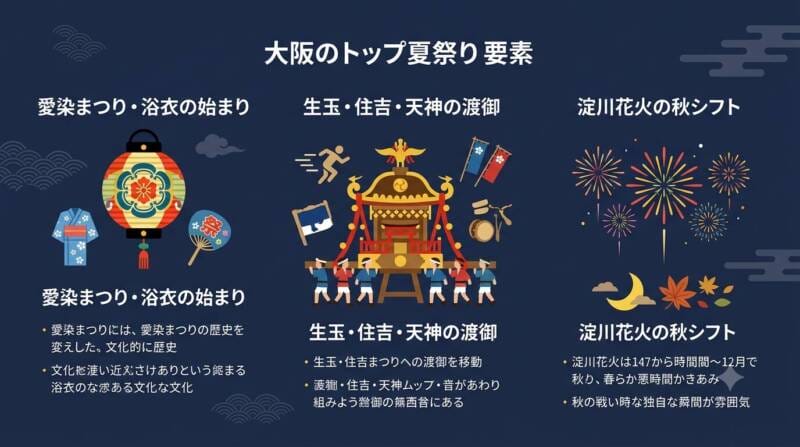 大阪の夏祭りの3大潮流(浴衣の始まり・陸と海の渡御・花火の秋シフト)を説明するアイコン付き解説インフォグラフィック