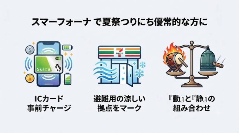 交通系ICのチャージ、涼しいコンビニの確保、動と静の組み合わせプランを表す夏祭り混雑回避ロジスティクスの図解