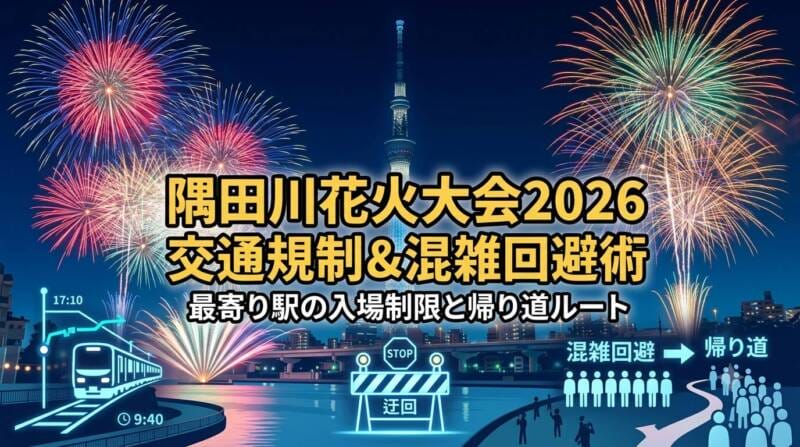 隅田川花火大会2026の交通規制と混雑回避のイメージ