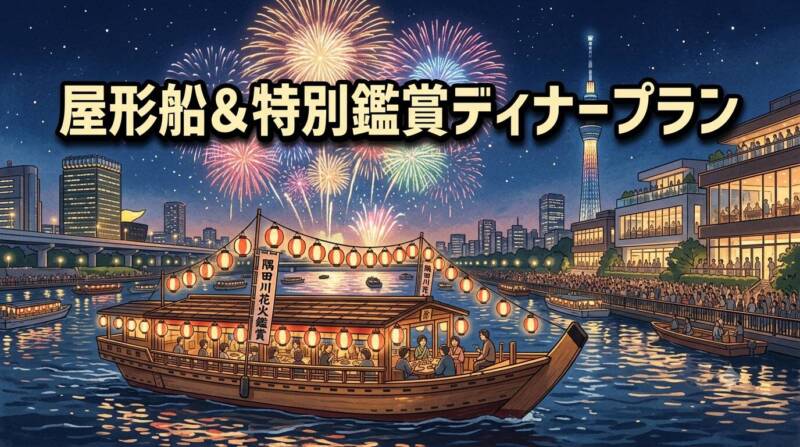 隅田川の屋形船や高層レストランからの花火鑑賞イメージ
