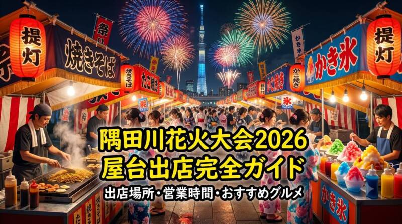 隅田川花火大会2026の賑やかな屋台出店と花火のイメージ