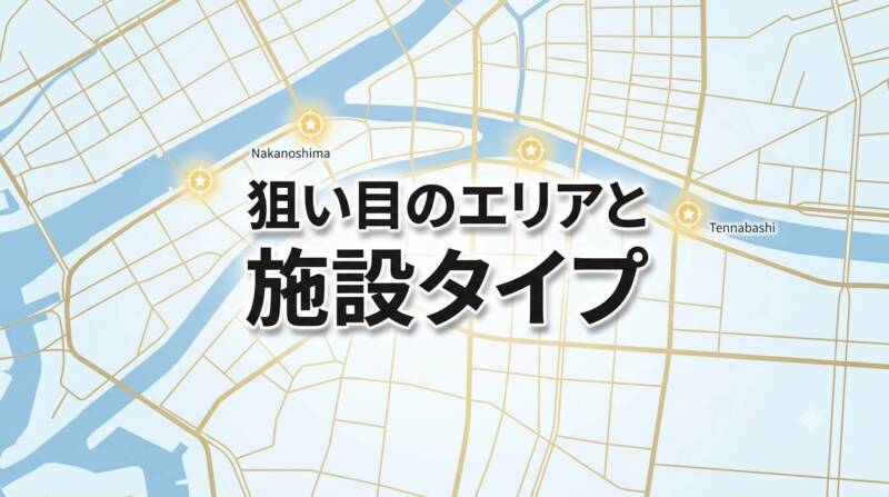 天神祭りの花火が綺麗に見える狙い目エリアとおすすめの施設タイプを解説するマップ画像