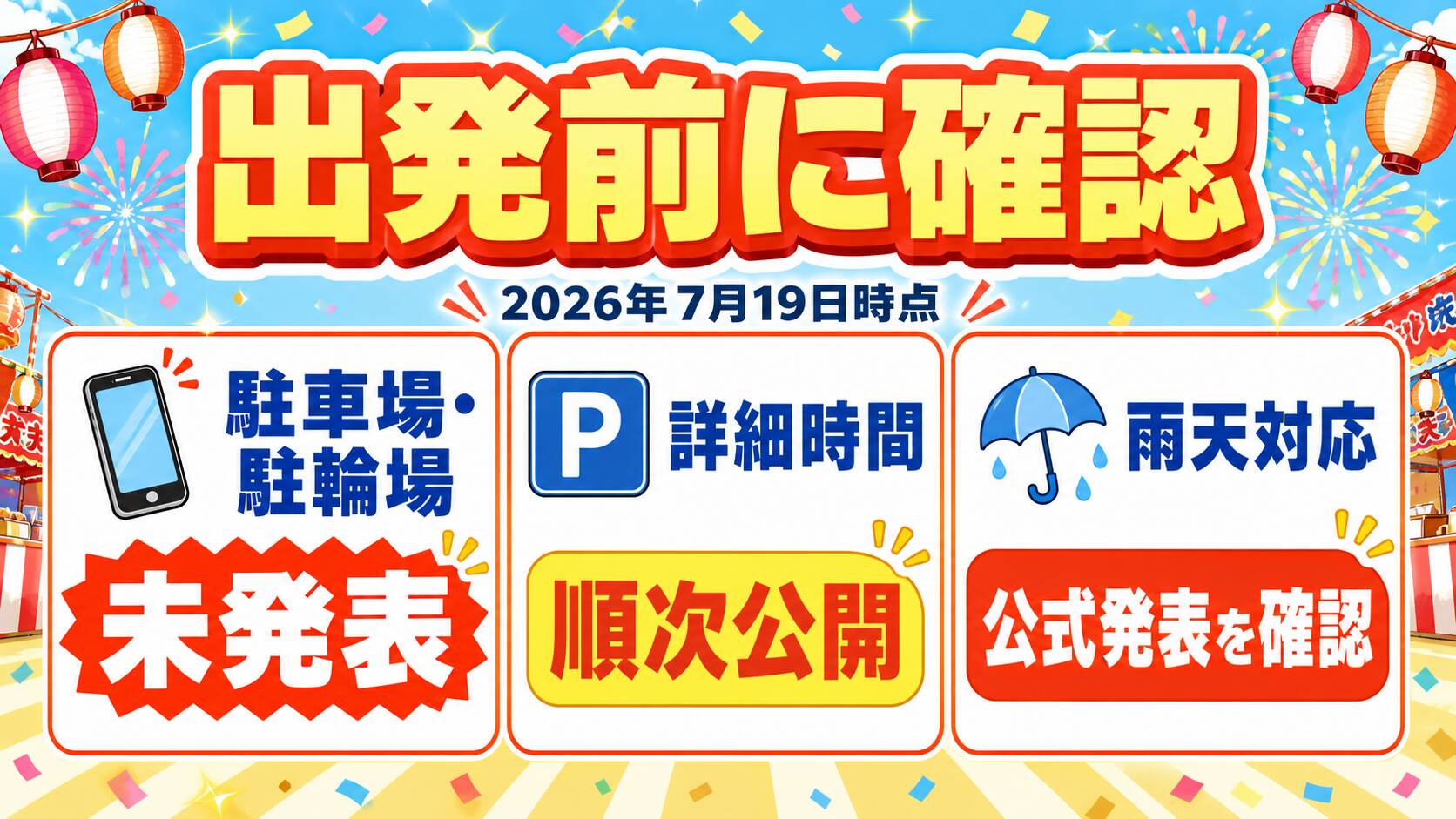 豊中まつり2026の駐車場、駐輪場、詳細時間、雨天対応の確認事項をまとめた図解