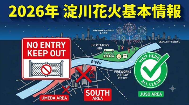 2026年淀川花火の梅田側立入禁止エリアと北側観覧可能エリアを示した注意喚起図解マップ