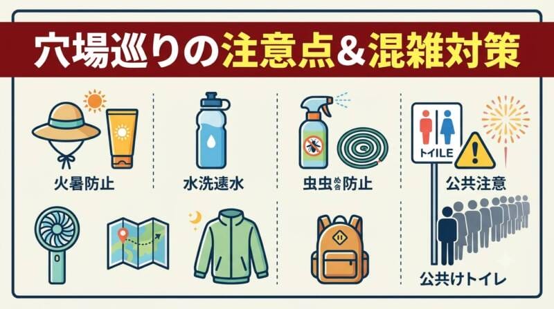 熱中症対策グッズや虫除け、トイレの注意点をまとめたお出かけ前チェックリストのインフォグラフィック