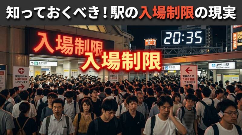 花火終了直後にJR塚本駅や阪急十三駅で発生する大行列と入場制限の様子を表現した警告グラフィック