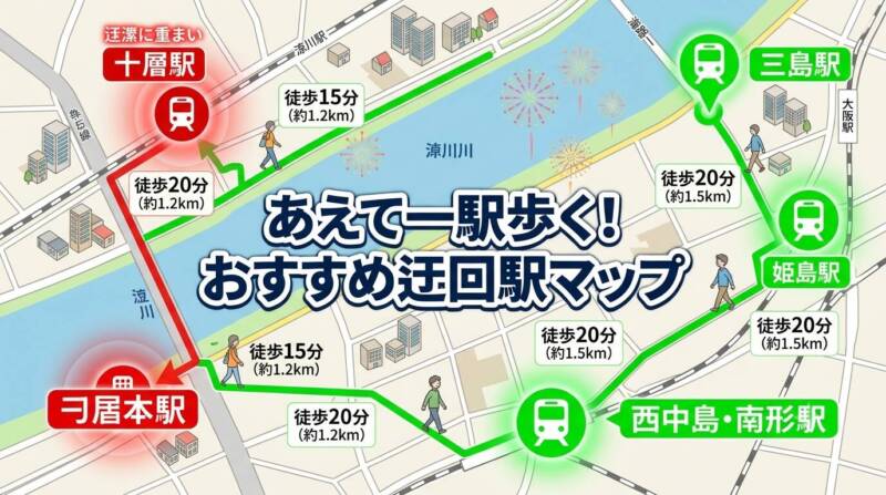 御幣島駅、姫島駅、西中島南方駅など、混雑を避けて歩けるおすすめの周辺迂回駅をまとめた分かりやすい地図