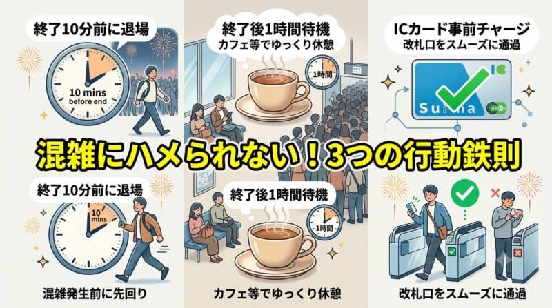 フィナーレ10分前の出発、あえて1時間残る作戦、行きのICカードチャージという3つの行動鉄則をまとめた図