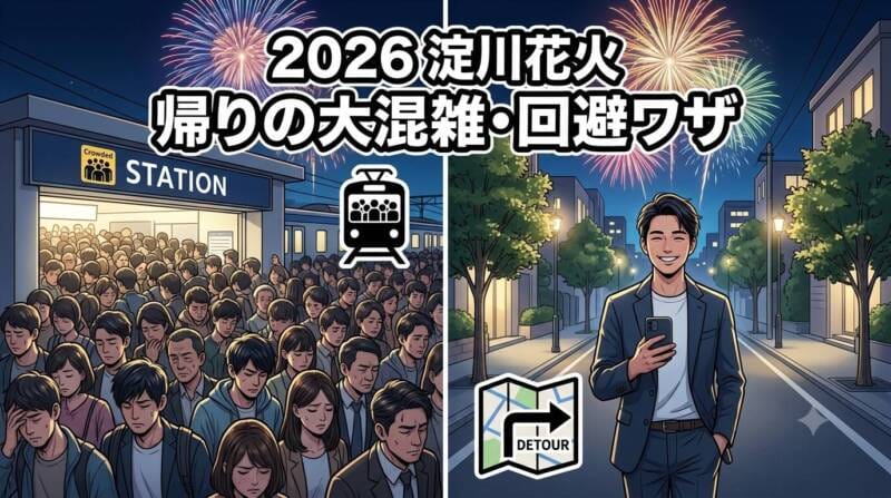 大混雑の駅前を避けて賢く脇道からスムーズに帰宅する様子と2026年淀川花火混雑回避ワザのアイキャッチ画像