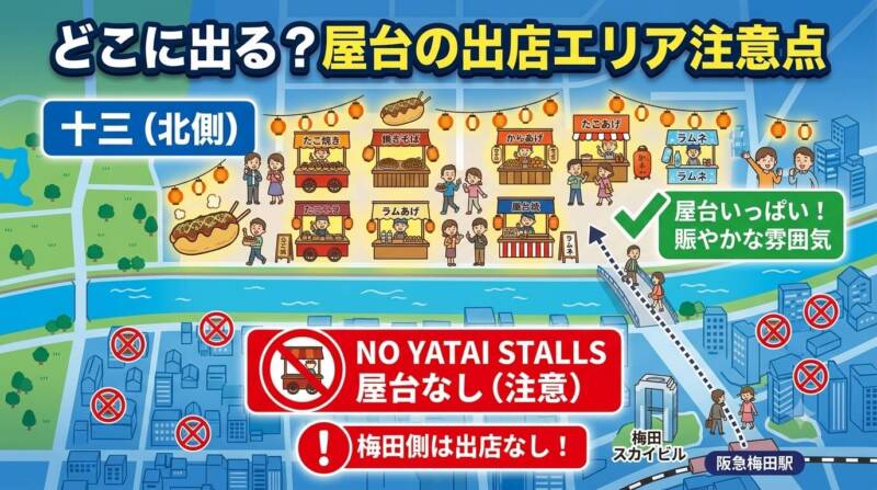 十三側の大量出店エリアと梅田側の屋台なしエリアを分かりやすく比較したマップの図解イラスト