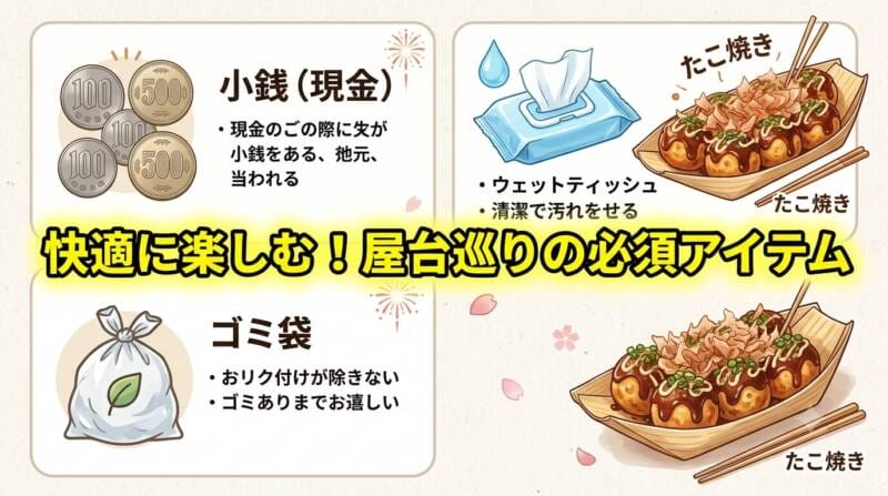 電波障害対策の小銭、ゴミ袋、ウェットティッシュなどの必須持参アイテムをまとめたインフォグラフィック