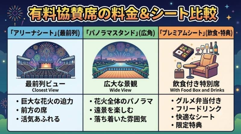 アリーナ席、パノラマスタンド、プレミアム席の料金相場と特徴を比較した見やすい一覧表の図解