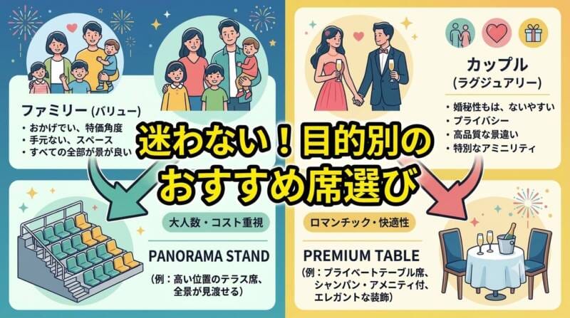 コスパ重視のパノラマスタンドや、トイレ・食事付きのプレミアム席など、目的別の席選びのコツをまとめたインフォグラフィック