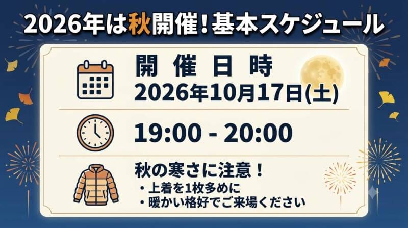 2026年10月17日（土）19:00〜20:00の開催時間と秋の服装注意アイコンをまとめたスケジュール図解