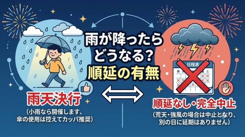 少雨での雨天決行と荒天時の中止・順延なしルールを分かりやすく左右で比較したウェザーインフォグラフィック