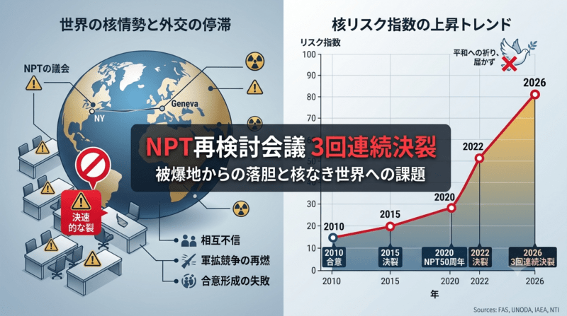 NPT再検討会議の3回連続決裂と被爆地の落胆を示すインフォグラフィック