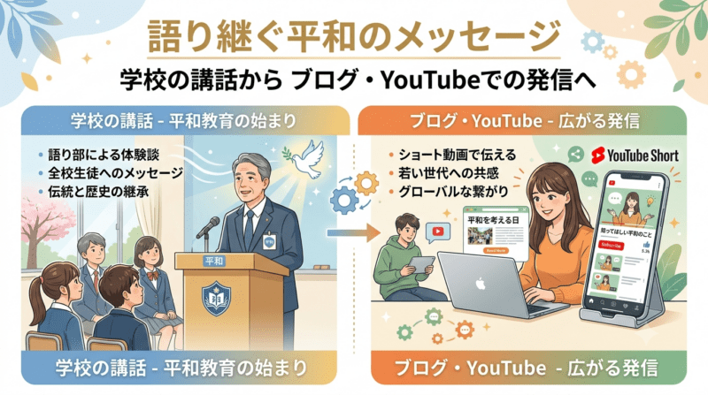 校長時代の平和講話からブログやYouTube動画発信への広がりを示す図解