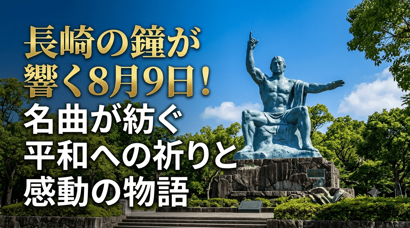 長崎の平和祈念像と青空を背景にした「長崎の鐘」と平和を伝えるアイキャッチ画像