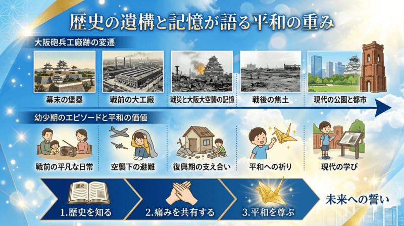 大阪砲兵工廠跡の歴史と記憶から平和の重みを学ぶステップ図解