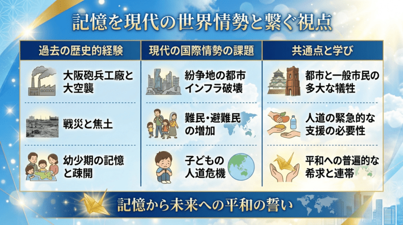 過去の歴史的経験と現代の国際情勢の課題・共感ポイントを整理した比較図解