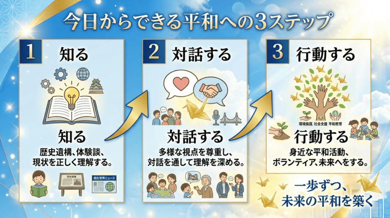 日常生活で取り組める平和へのアプローチ3ステップを示したフローチャート図解