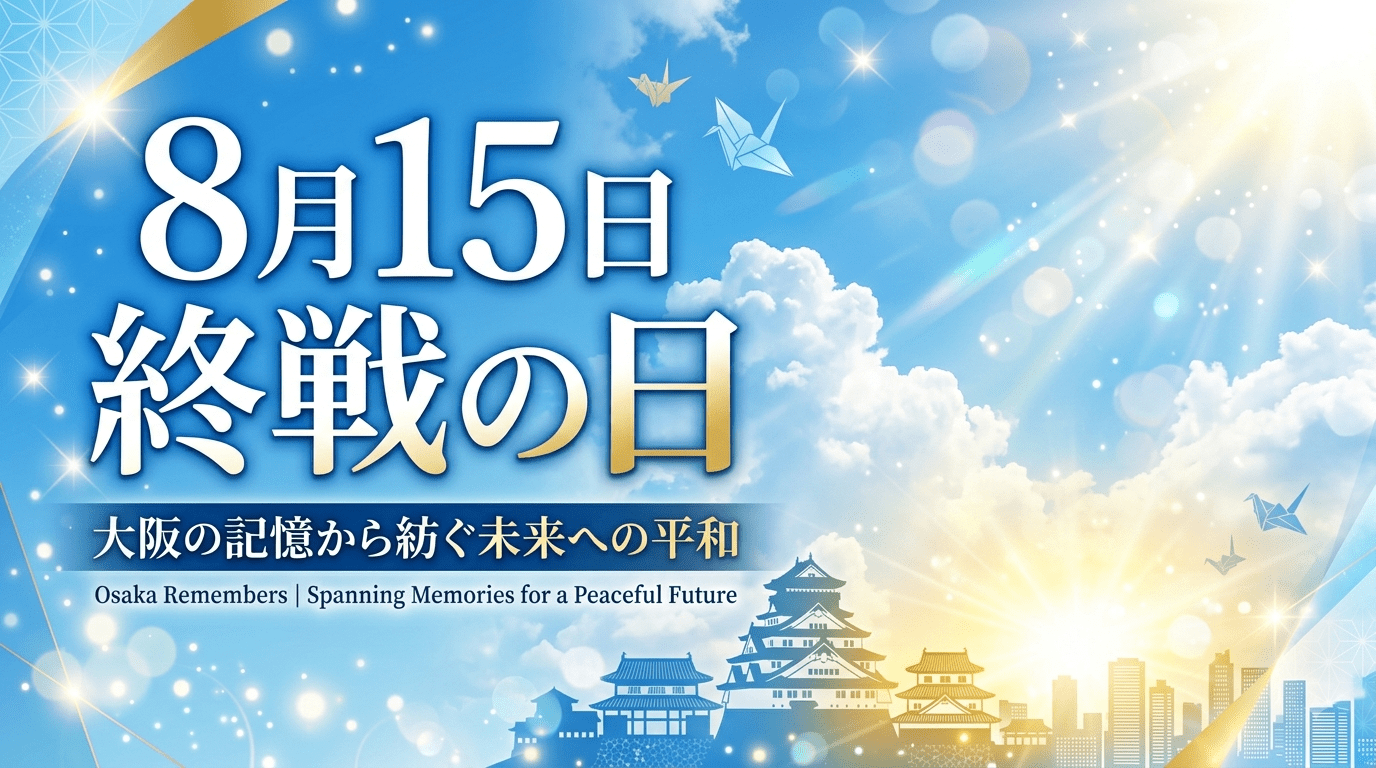 青空に輝く光と「8月15日 終戦の日 大阪の記憶から紡ぐ未来への平和」のグラフィックデザイン