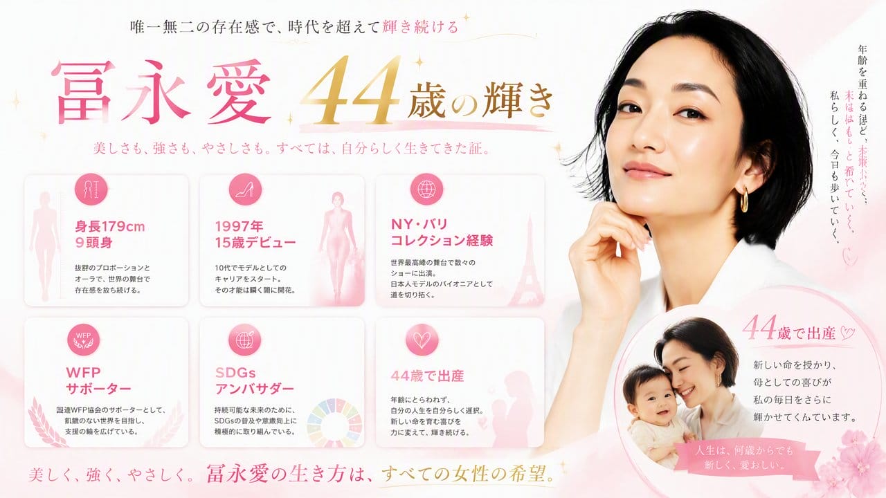冨永愛 44歳の輝き キャリア実績インフォグラフィック