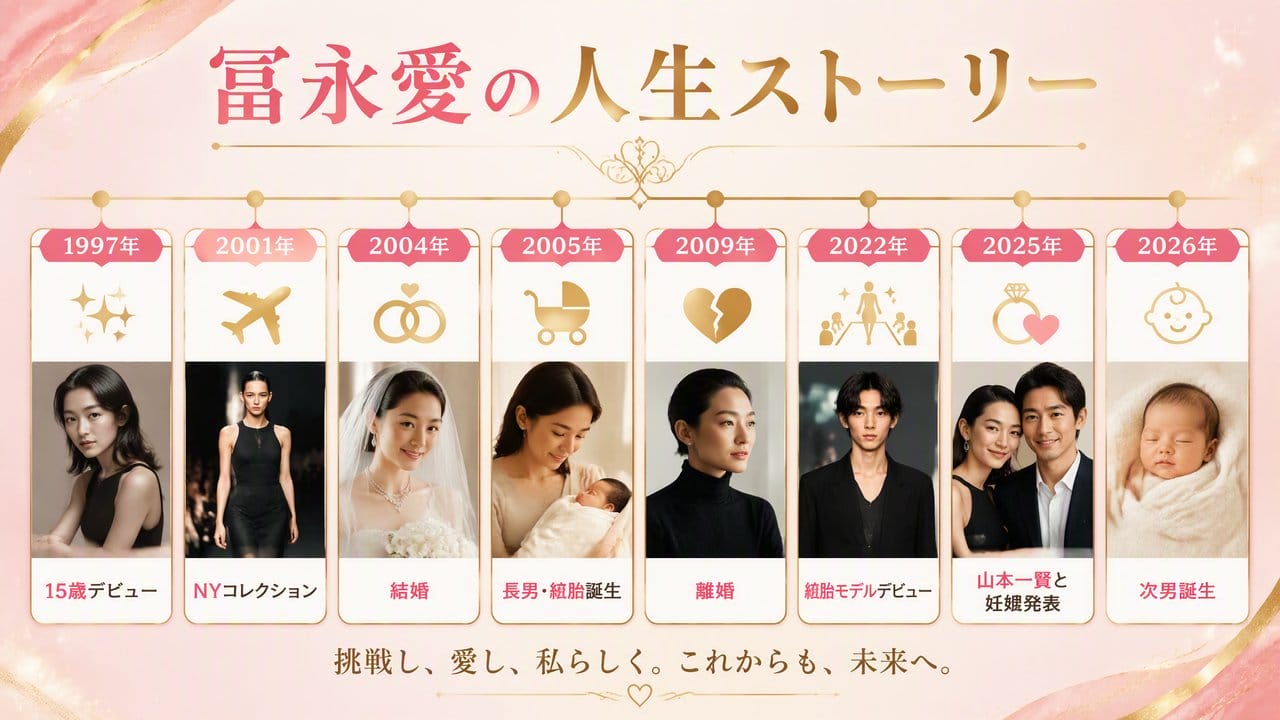 冨永愛 出産ストーリー タイムライン インフォグラフィック