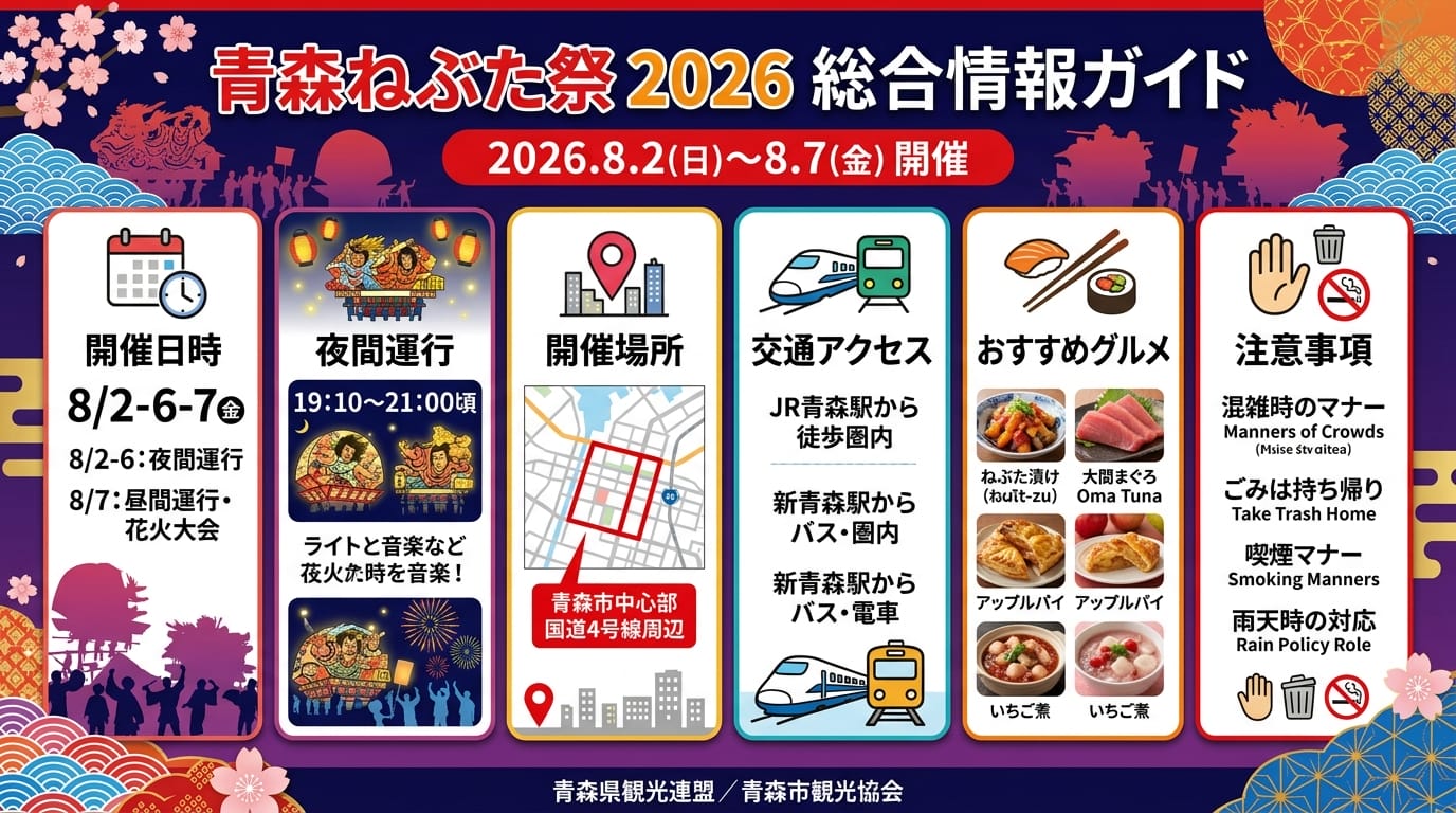 青森ねぶた祭2026の日程・時間・会場情報をまとめた開催概要インフォグラフィック