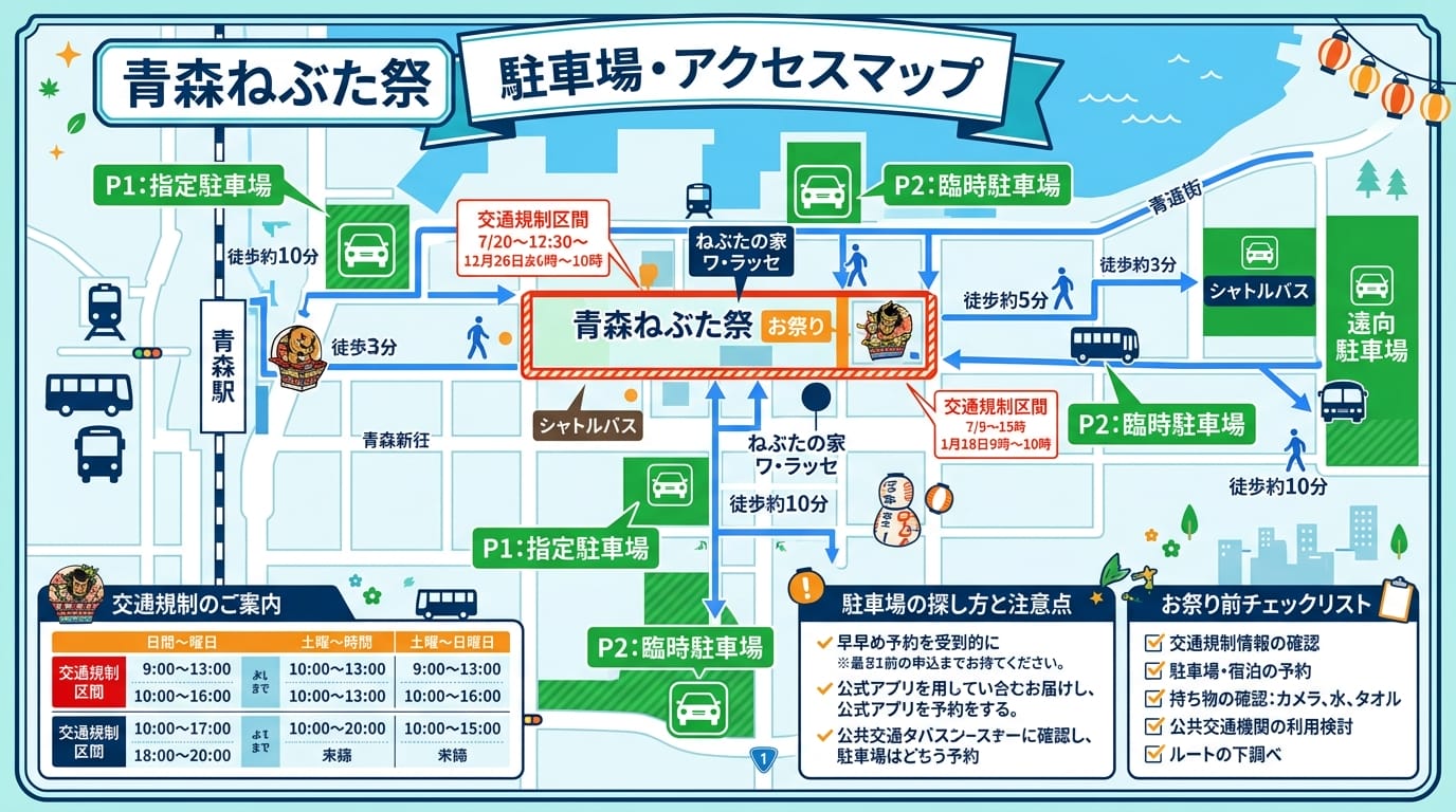 青森ねぶた祭2026の駐車場・交通規制・アクセス攻略インフォグラフィック