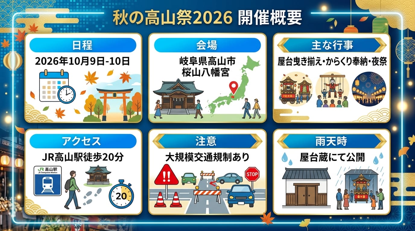 秋の高山祭2026の開催日程と概要をまとめたインフォグラフィック