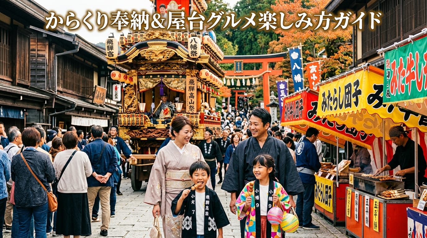 秋の高山祭でからくり奉納や屋台グルメを楽しむ家族