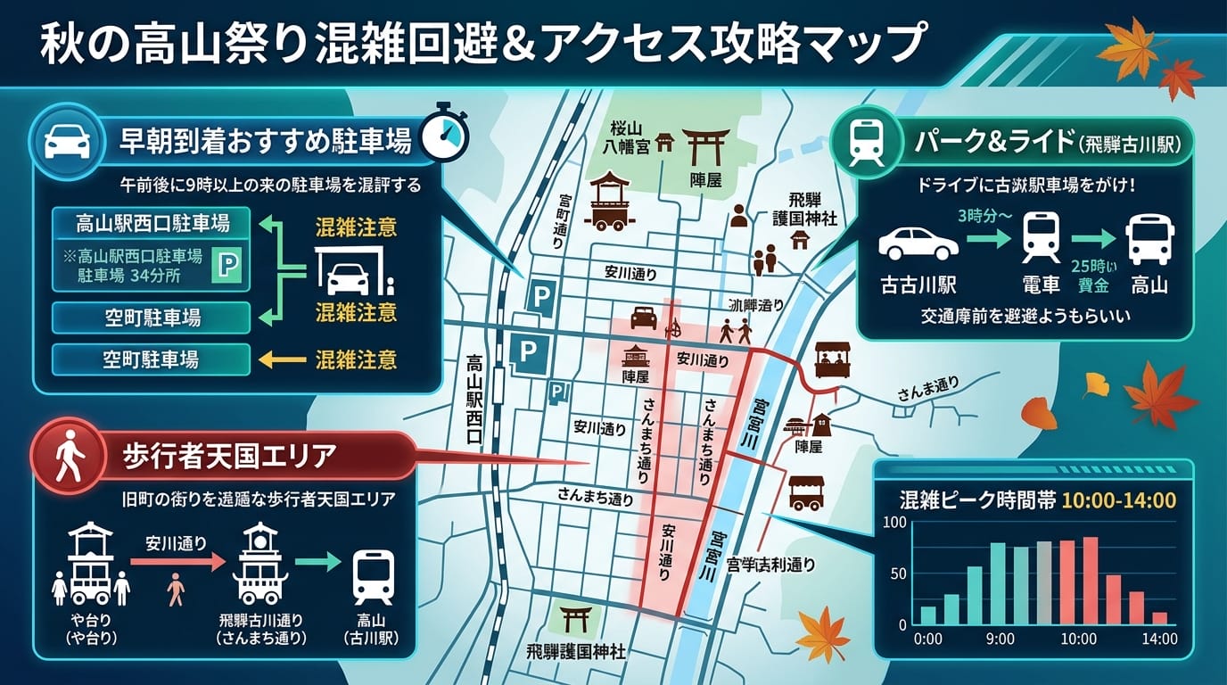 秋の高山祭の駐車場・交通規制・混雑時間を解説した攻略マップ