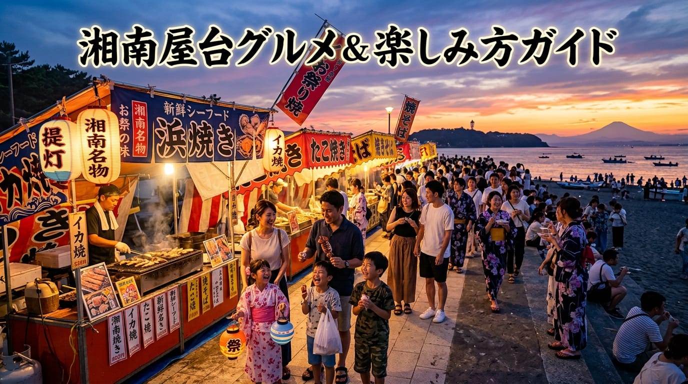 ふじさわ江の島花火大会の海岸沿いに並ぶ屋台と賑わう来場者の風景