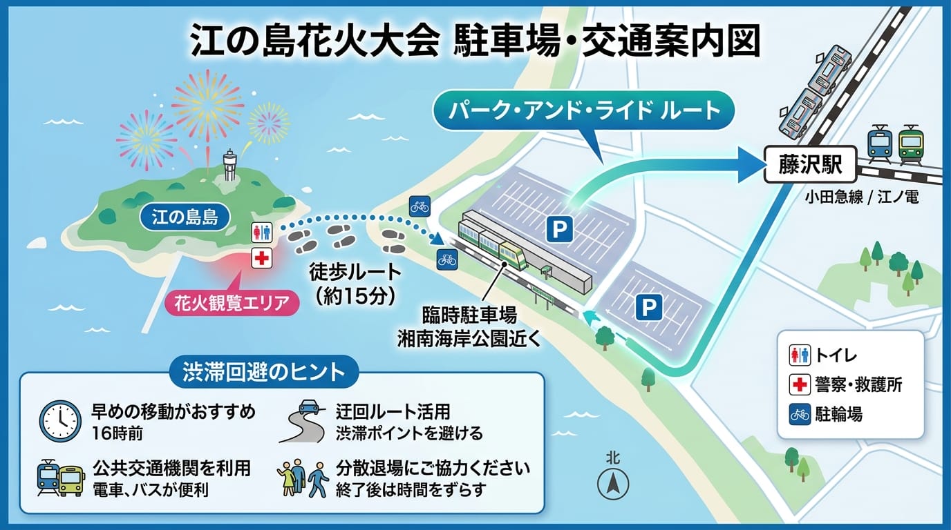 ふじさわ江の島花火大会の駐車場・混雑回避アクセスルート案内図