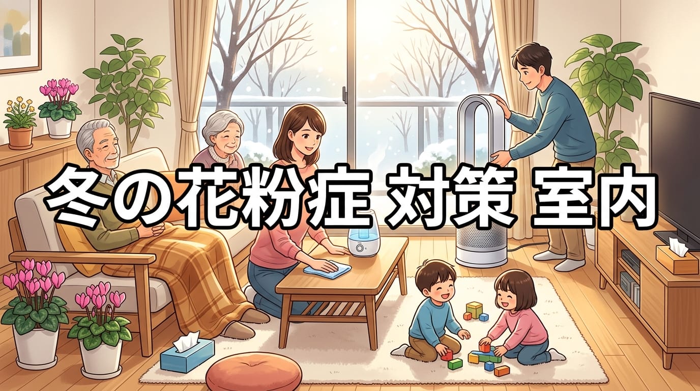 冬の花粉症 対策 室内を解説する清潔な冬のリビングのアイキャッチ画像