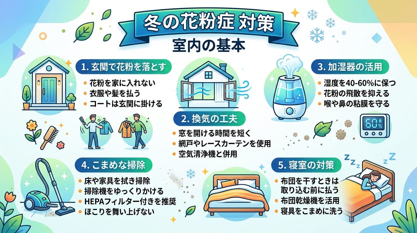 冬の花粉症 対策 室内の基本をまとめた日本語インフォグラフィック