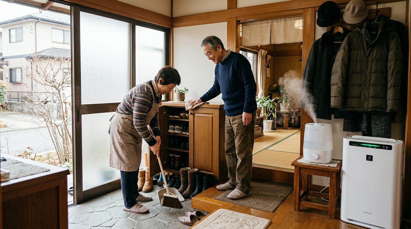 冬の花粉症 対策 室内で掃除と加湿をする家族の生活シーン