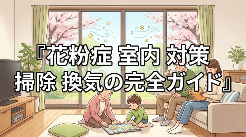 花粉症 室内 対策 掃除 換気のポイントをまとめたリビングのイメージ画像