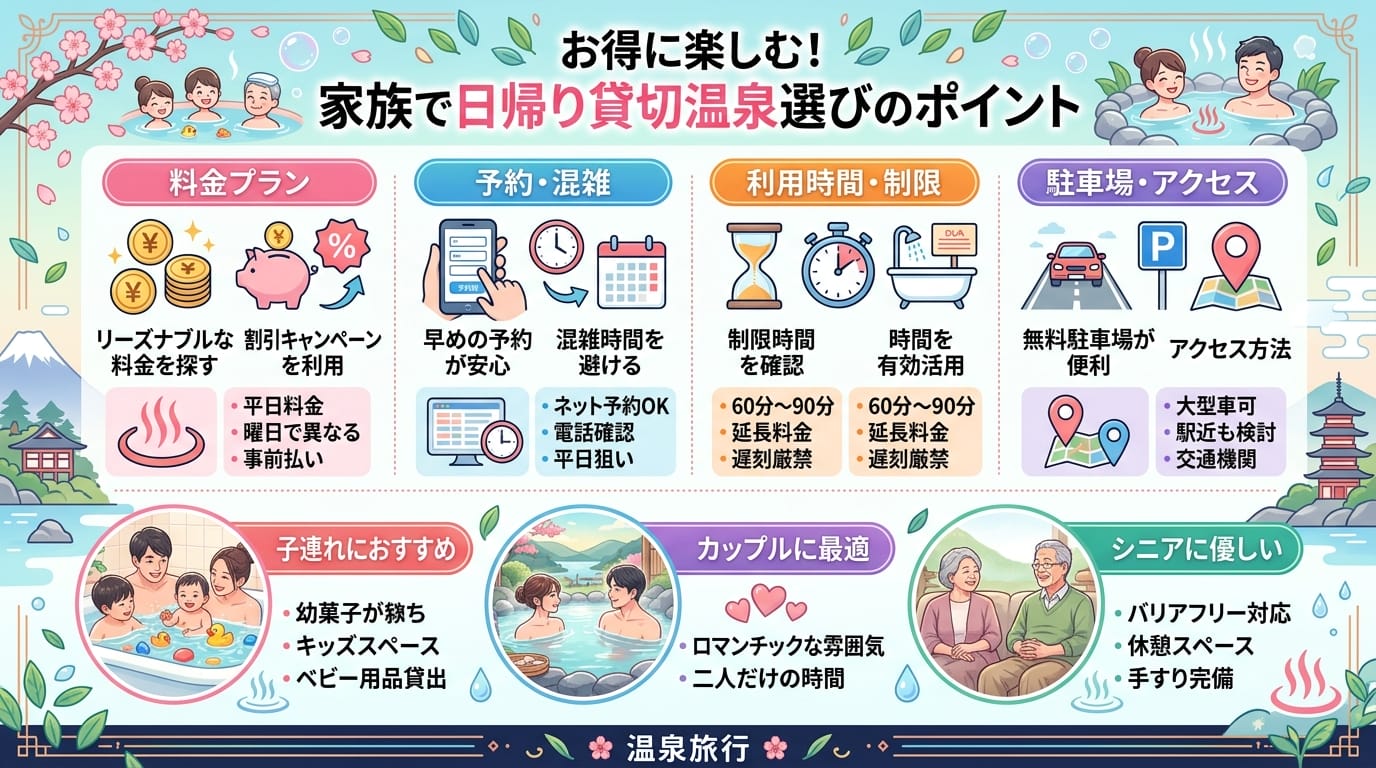 日帰り温泉の料金や選び方をまとめたカラフルなインフォグラフィック