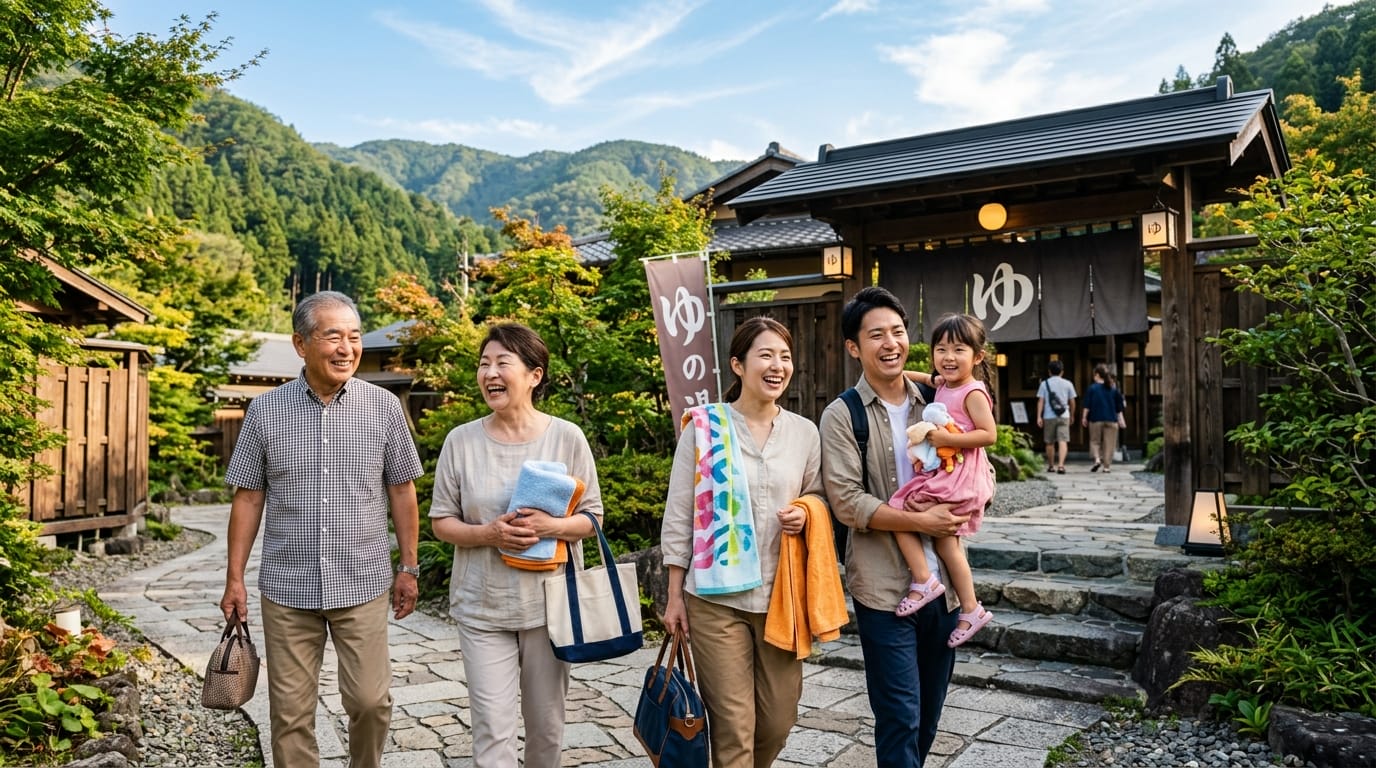 家族が温泉施設に到着してくつろぐ様子を描いたシーン画像