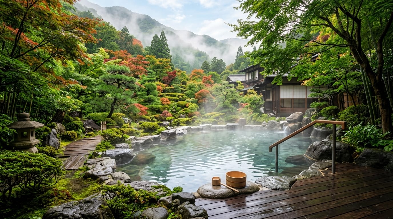 自然に囲まれた露天風呂の美しいイメージ画像