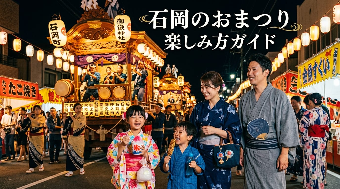 石岡のおまつりで屋台や山車を楽しむファミリーの様子