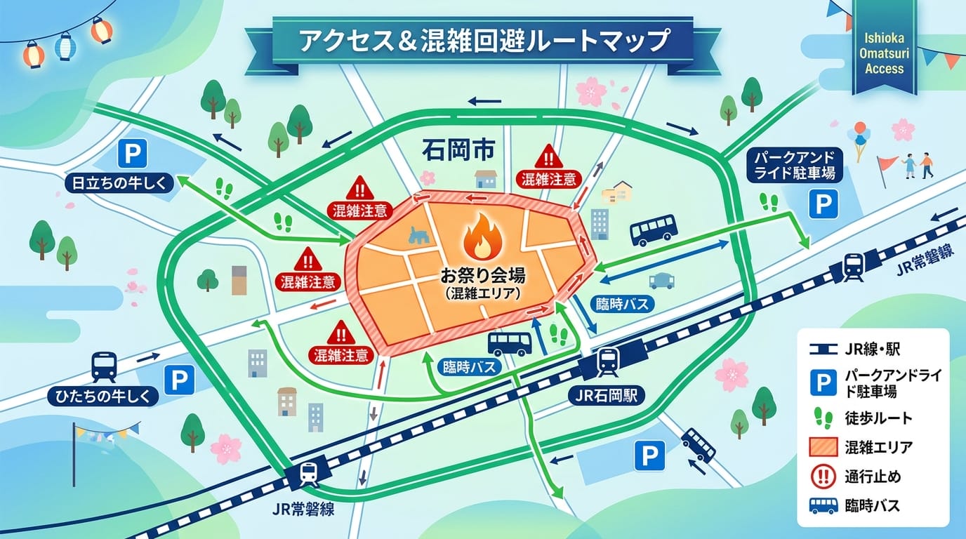 石岡のおまつりのアクセス方法と臨時駐車場・混雑回避マップ