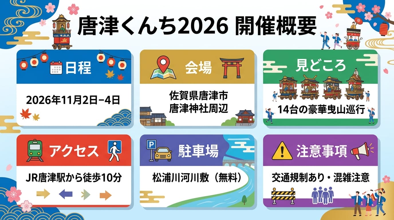 唐津くんち2026の日程・会場・駐車場情報をまとめた開催概要インフォグラフィック