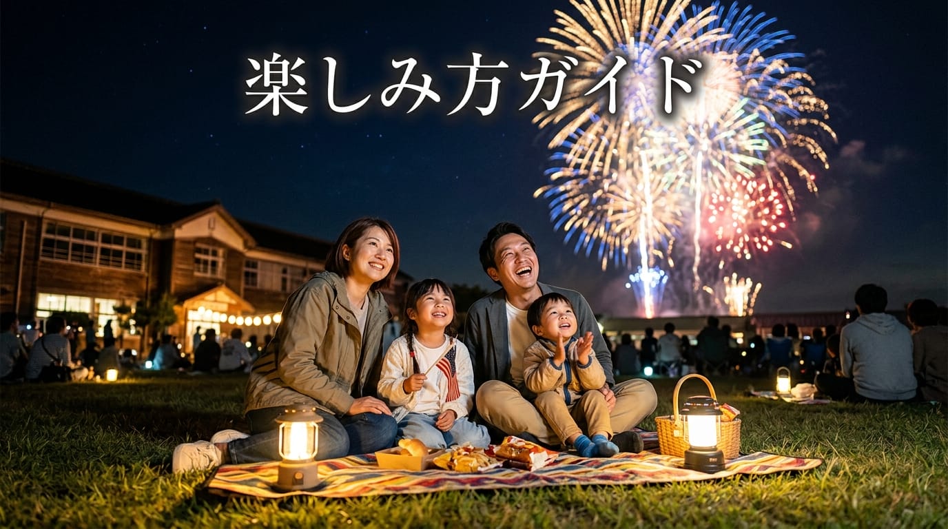 片貝まつりの穴場スポットで花火を楽しむ家族のイメージ