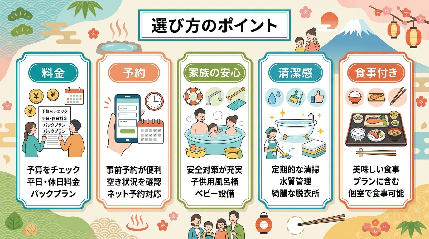 家族向けの貸切風呂選びのポイントをまとめた日帰り温泉のインフォグラフィック