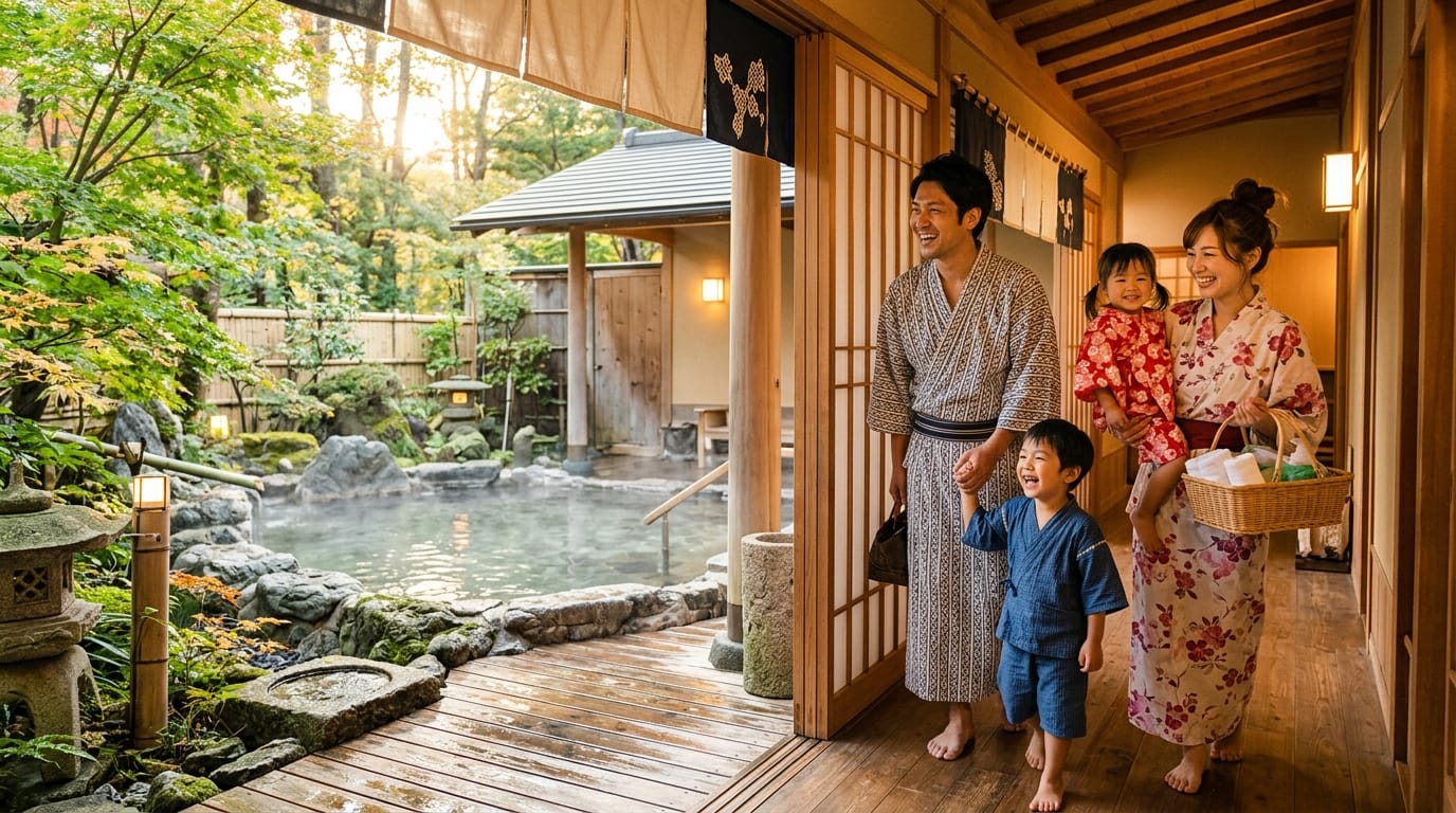 子ども連れで貸切風呂を楽しむ家族のリアルなシーン