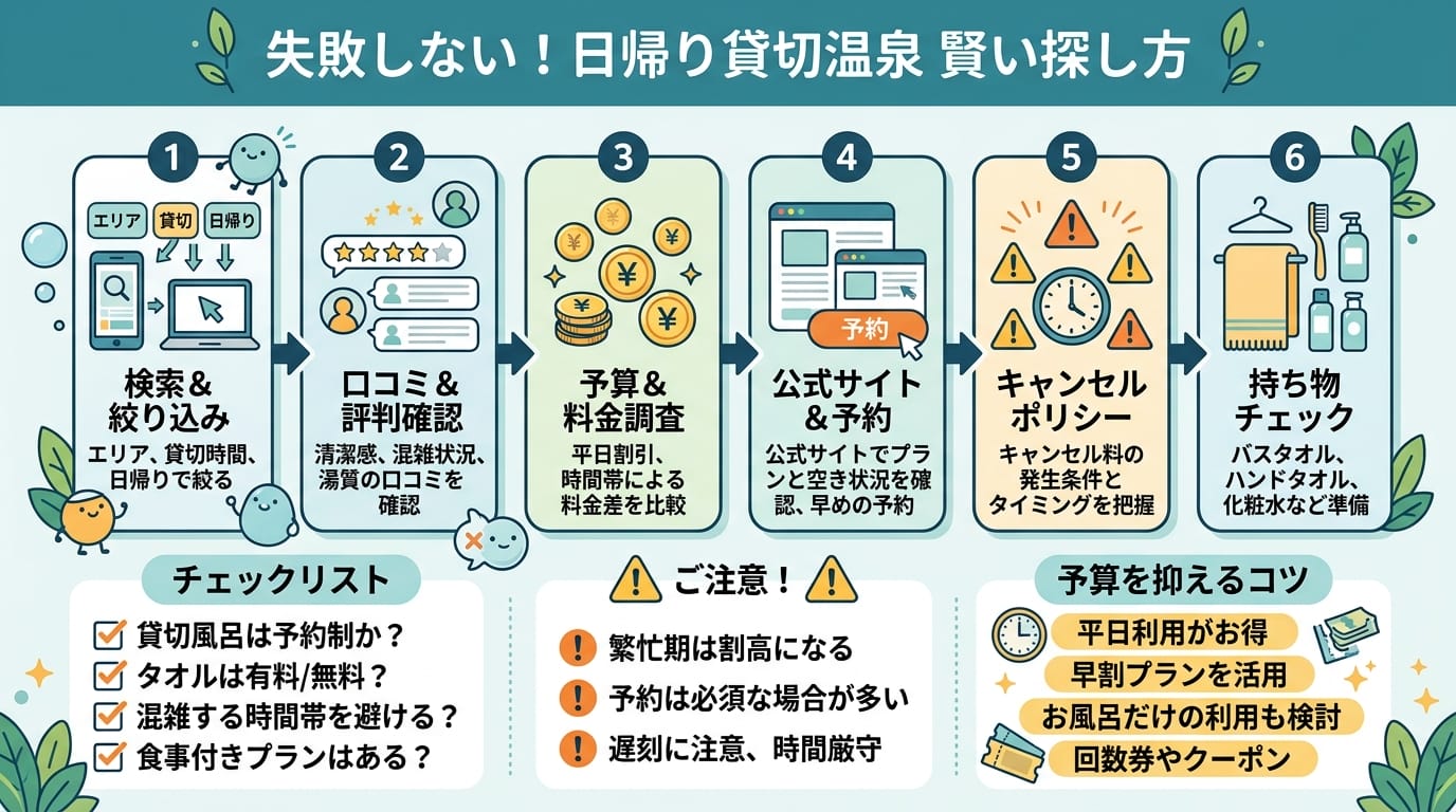 安い貸切風呂を失敗せずに探す手順を示した日本語インフォグラフィック